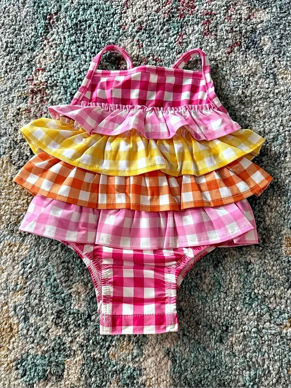 mudpie Checkered Ruffle One-Piece Pink & Yellow Baby 3-6M Like New